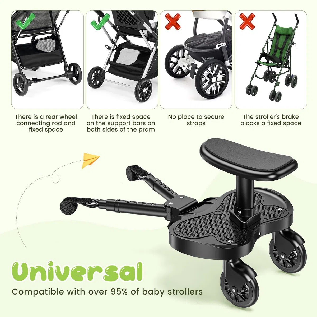 Planche Poussette Universelle, Skate Poussette Universelle, Portable Kiddy Boards avec Sangle de Suspension, Planches à Roulettes pour bébé pour Enfants de 2 à 6 Ans (25kg)