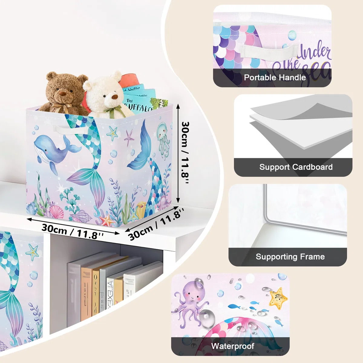 Clastyle Lot de 3 Boite Rangement Tissu Enfant Queue Sirène Cube de Rangement Pliable Filles Panier Kallax pour Salle de Bain,Algue Colorée,30x30x30 cm