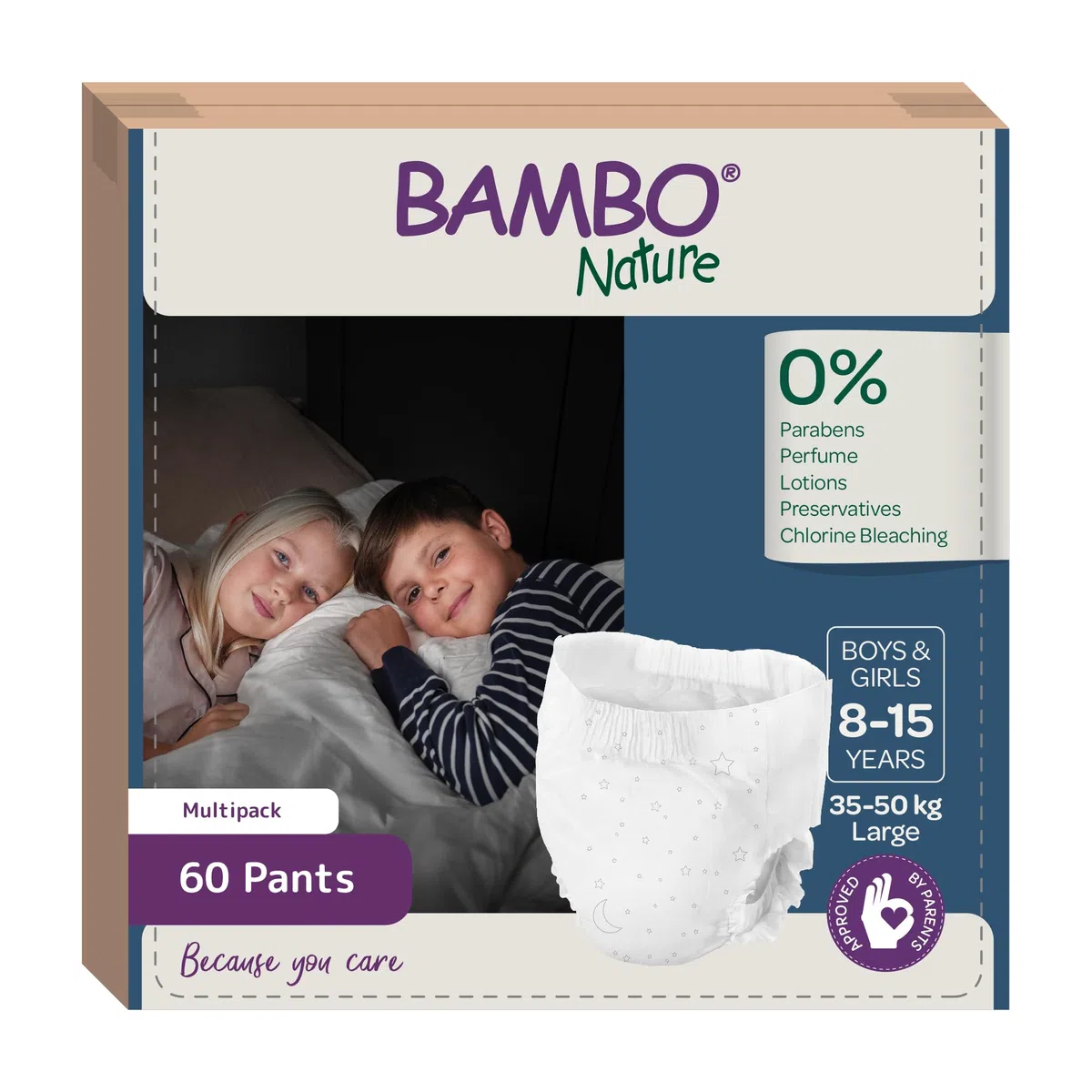 Bambo Nature Dreamy Night Lot de 60 couches pour enfants de 8 à 15 ans, 35 à 50 kg, couches écologiques pour garder les lits au sec toute la nuit, couches d'apprentissage de la propreté, sécurisées