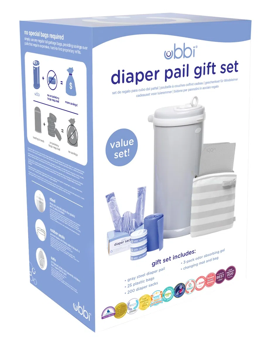 Ubbi Diaper Changing Value Set, Odor Locking Modern Design Baby Accessory Must Have Set Includes Grey Diaper Pail, Diaper Sacks, Odor Absorbing Gel, Travel Chaning Mat and Diaper Pail Waste Bags