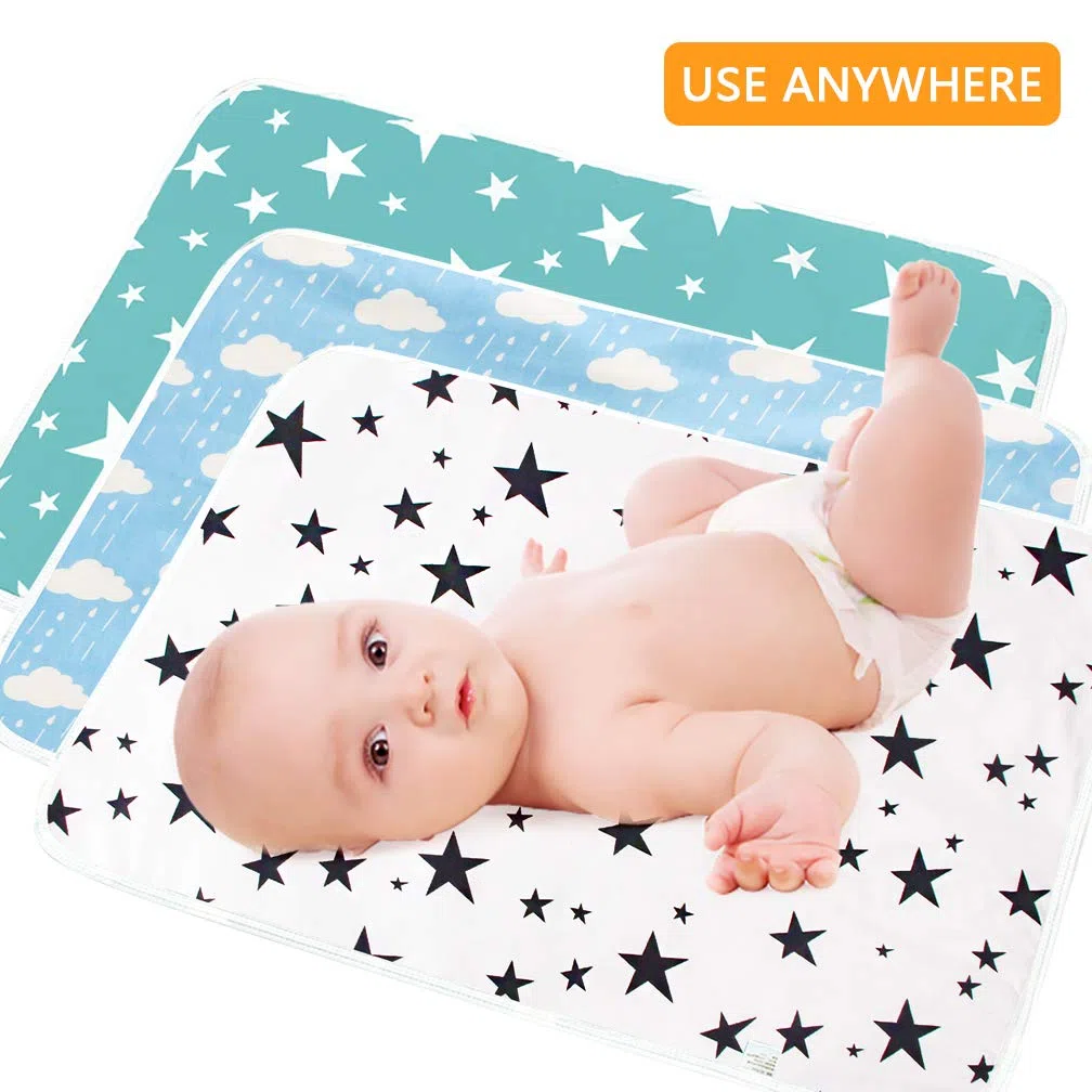 Lot de 3 tapis à langer imperméables pour bébé Vert Blanc Bleu