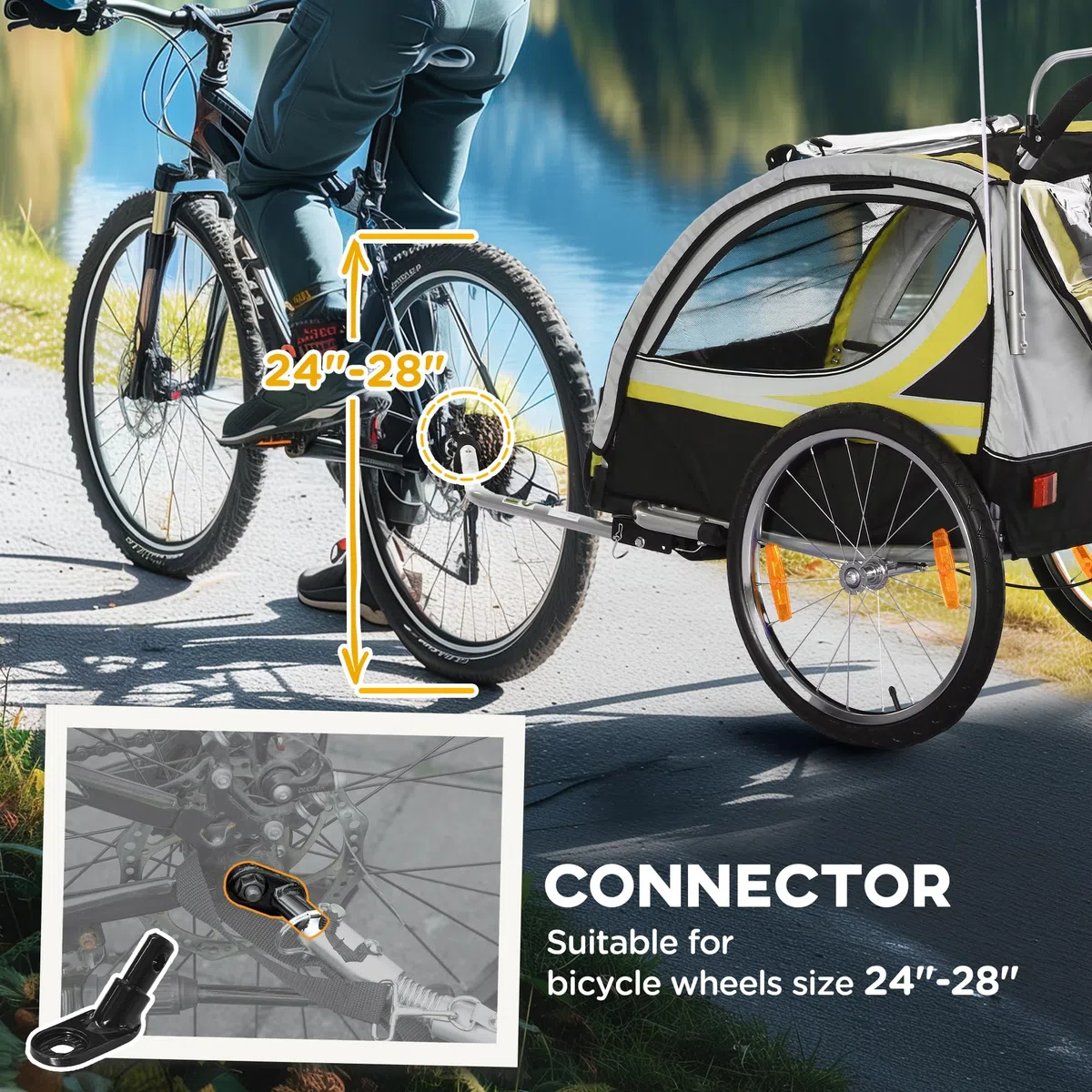 HOMCOM Remorque de vélo pour enfants et poussette, design 2 en 1 avec frein, ceinture à 5 points, remorque de vélo avec poches latérales, catadioptres et banderole, Jaune