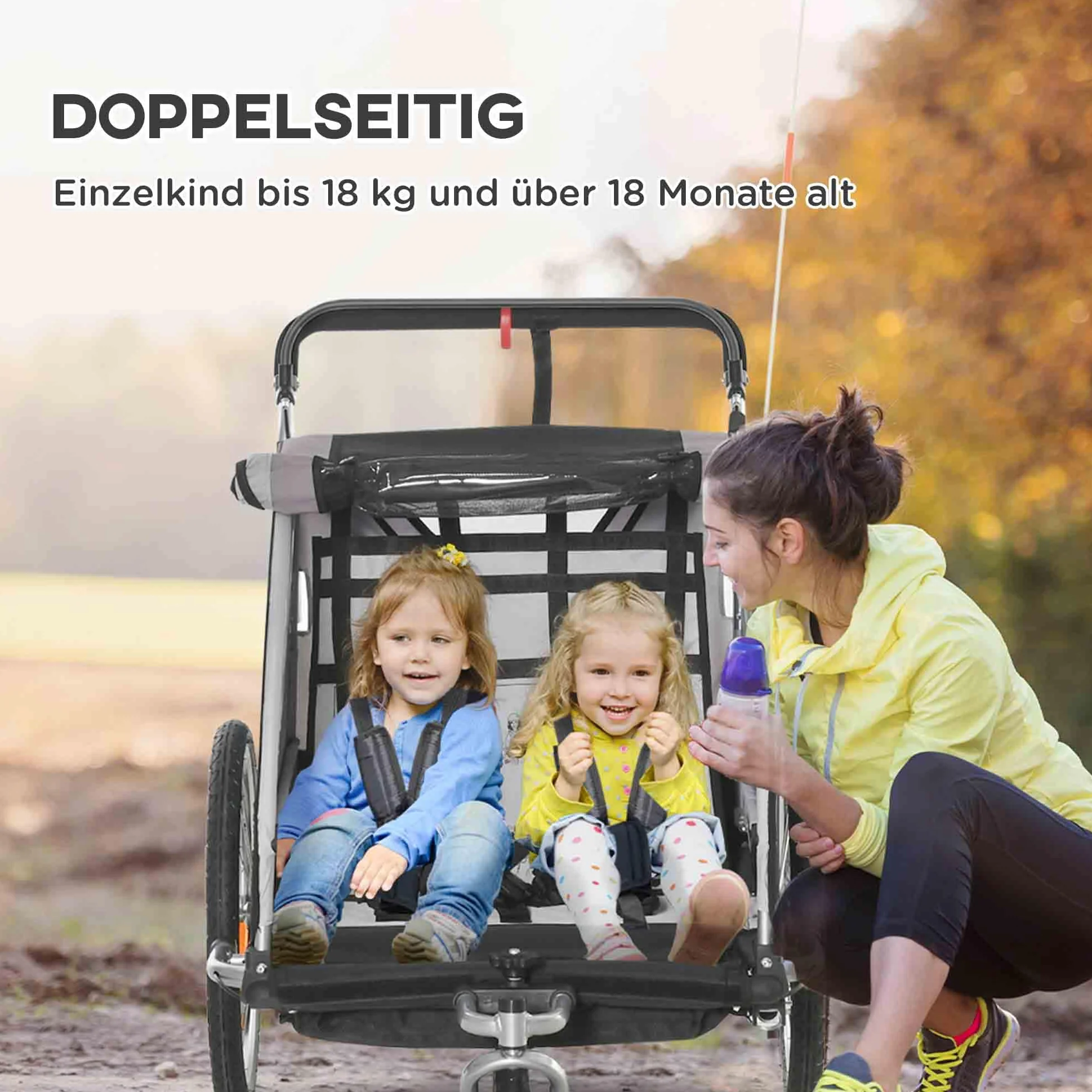HOMCOM Remorque Enfant Pliable 2 en 1 Vélo Roue Avant Amovible Freins arrière 2 Enfants 18 Mois Charge 26.4 kg Gris