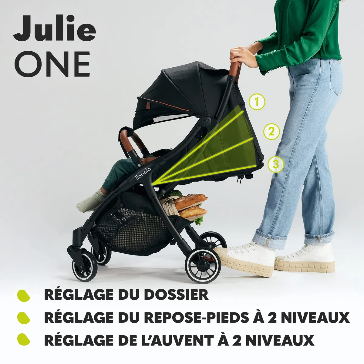 LIONELO Julie One Poussette canne legere Ultra compacte Pliable en un seul geste (0-22 kg), sac de transport, repose-pieds dossier, réglable jusqu'à, moustiquaire