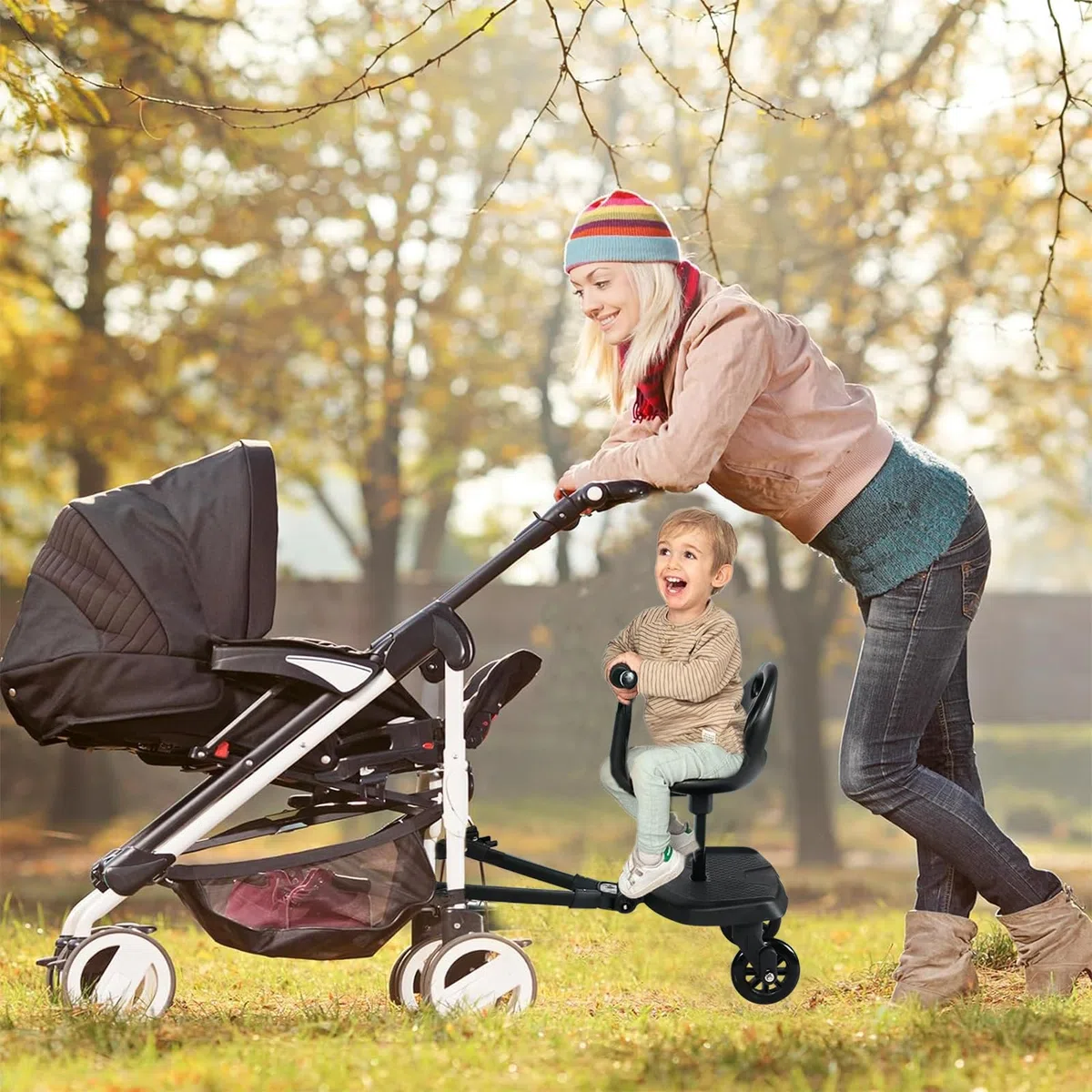 Planche de Poussette Universelle,Vihir Planches À Roulettes Pour Bébé, Buggy Board avec Siège, Adaptée Aux Enfants De 2 À 6 Ans, Avec Accoudoirs et Dossier, Démontage en un Clic