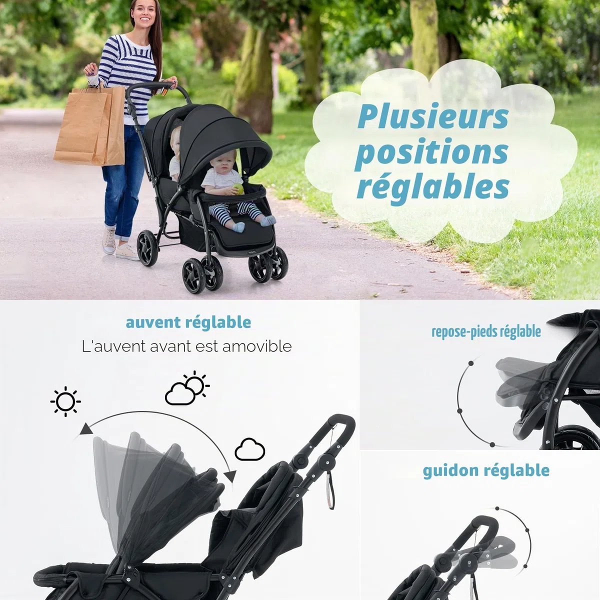 FANTASK Poussette double pliable avec dossier réglable et capote - Pour bébé à partir de 6 mois - Charge maximale : 30 kg - Noir