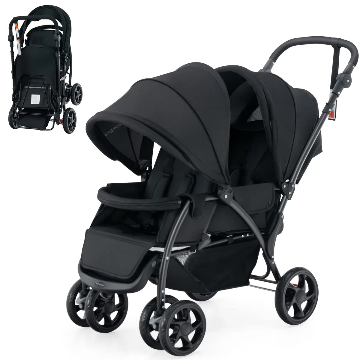 FANTASK Poussette double pliable avec dossier réglable et capote - Pour bébé à partir de 6 mois - Charge maximale : 30 kg - Noir