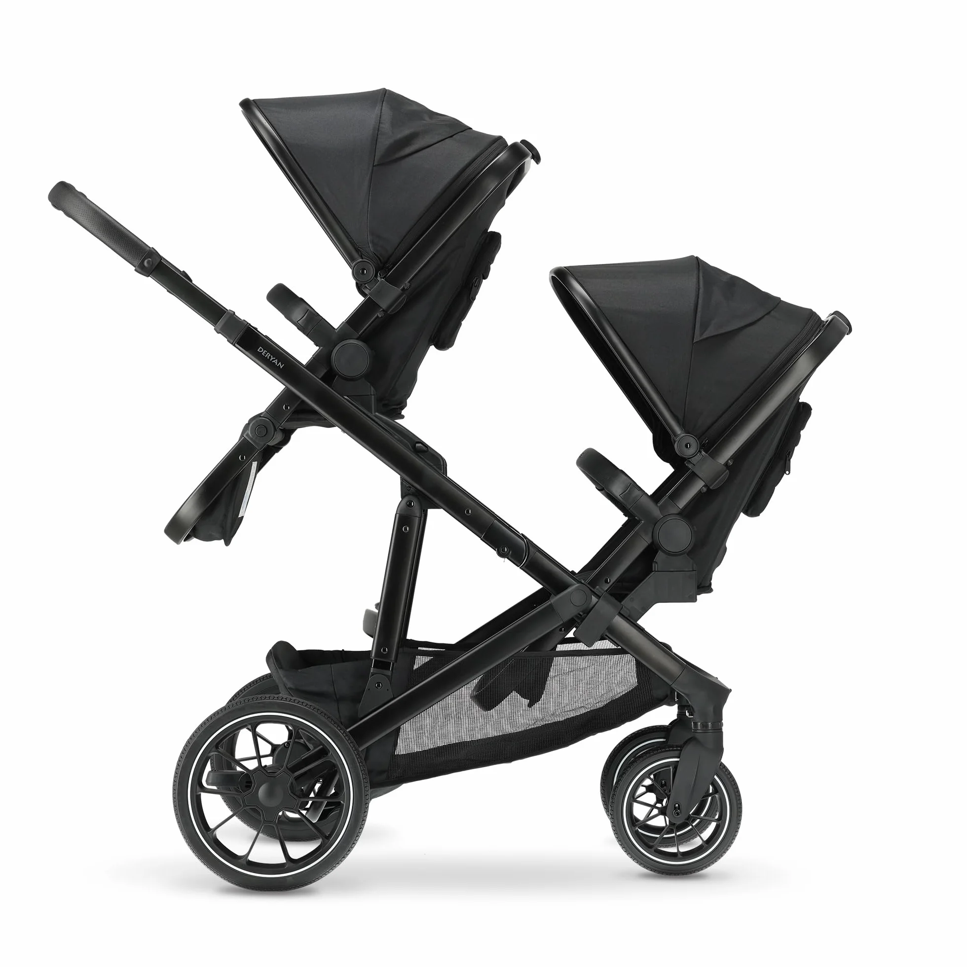 Deryan Evy V2 Poussette pour 2 enfants - Pour nouveau-nés, tout-petits et enfants à l'âge préscolaire - Poussette pour bébé jusqu'à 50 kg - Poussette de voyage 2 en 1 - Kit complet - Noir, 2 siège