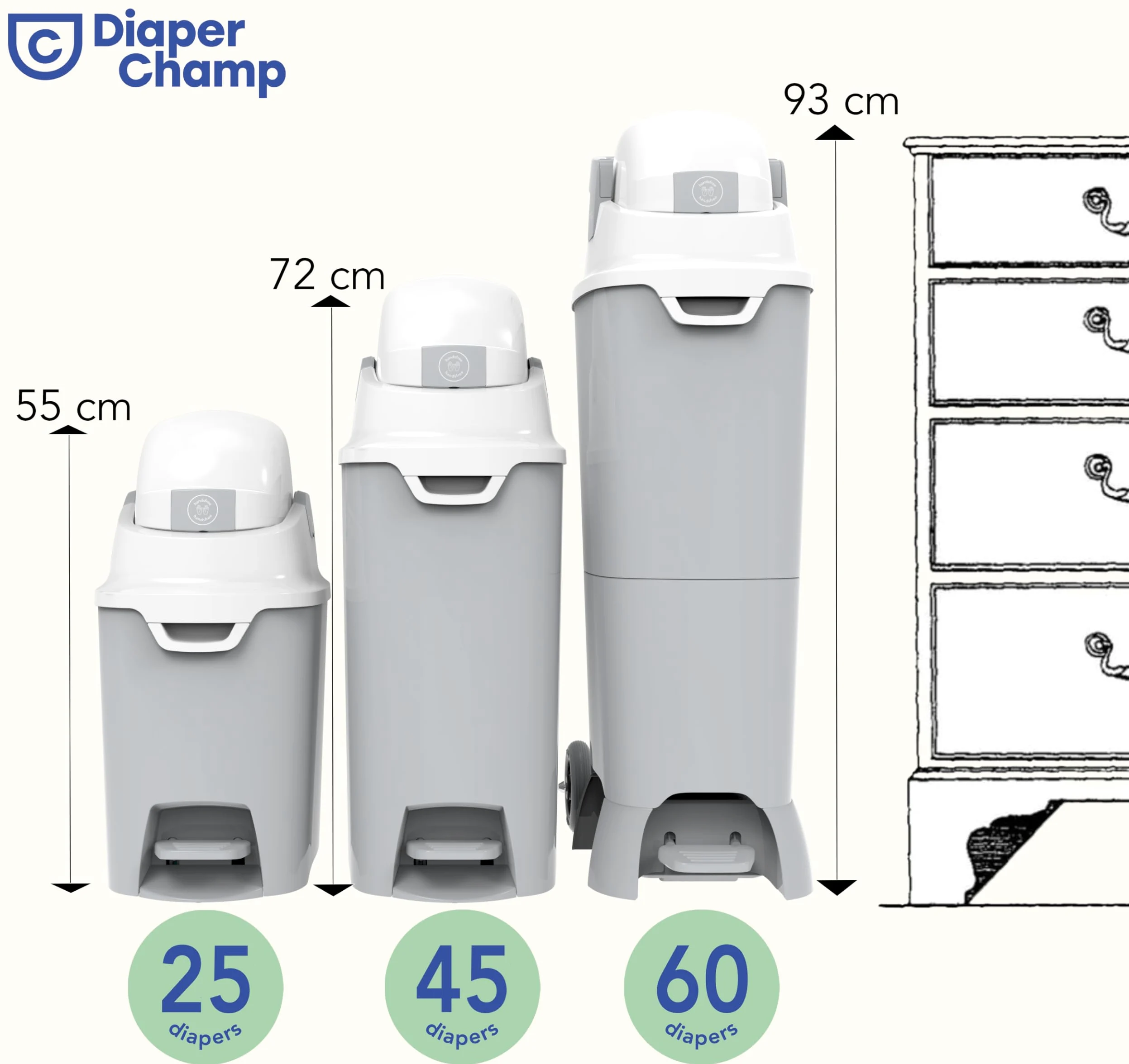 DIAPER CHAMP Handsfree Medium - incl 10 sacs ECO gratuits - Poubelle à couches anti-odeurs - mains libre - capacité idéale - crèches, micro-crèches, MAM - Sans cassettes de recharge - Gris