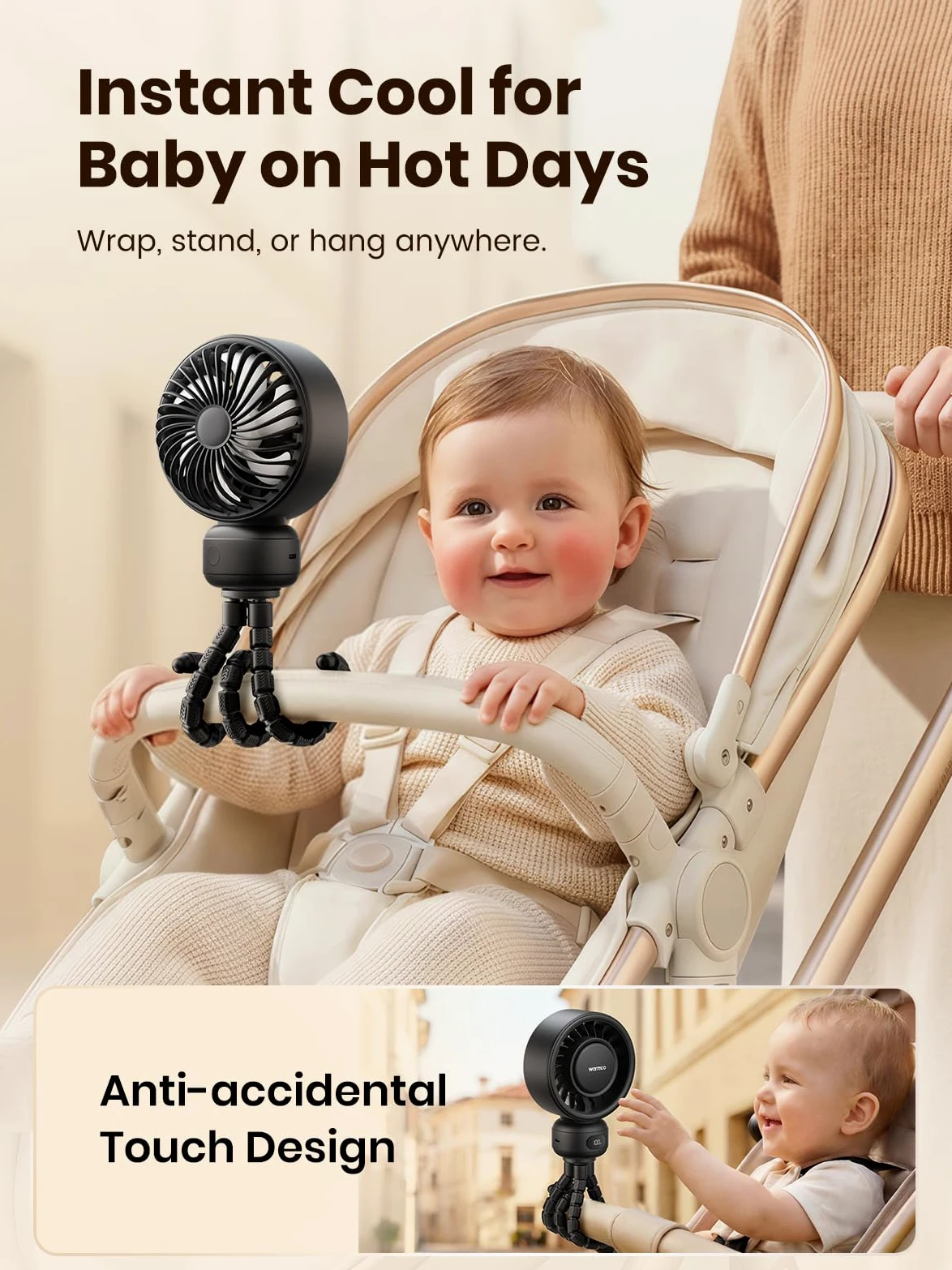 Warmco Ventilateur portable pour poussette, ventilateur à clipser rechargeable 4000mAh avec trépied flexible (jusqu'à 15H), 4 vitesses, affichage LED, grille détachable, fonctionnement silencieux