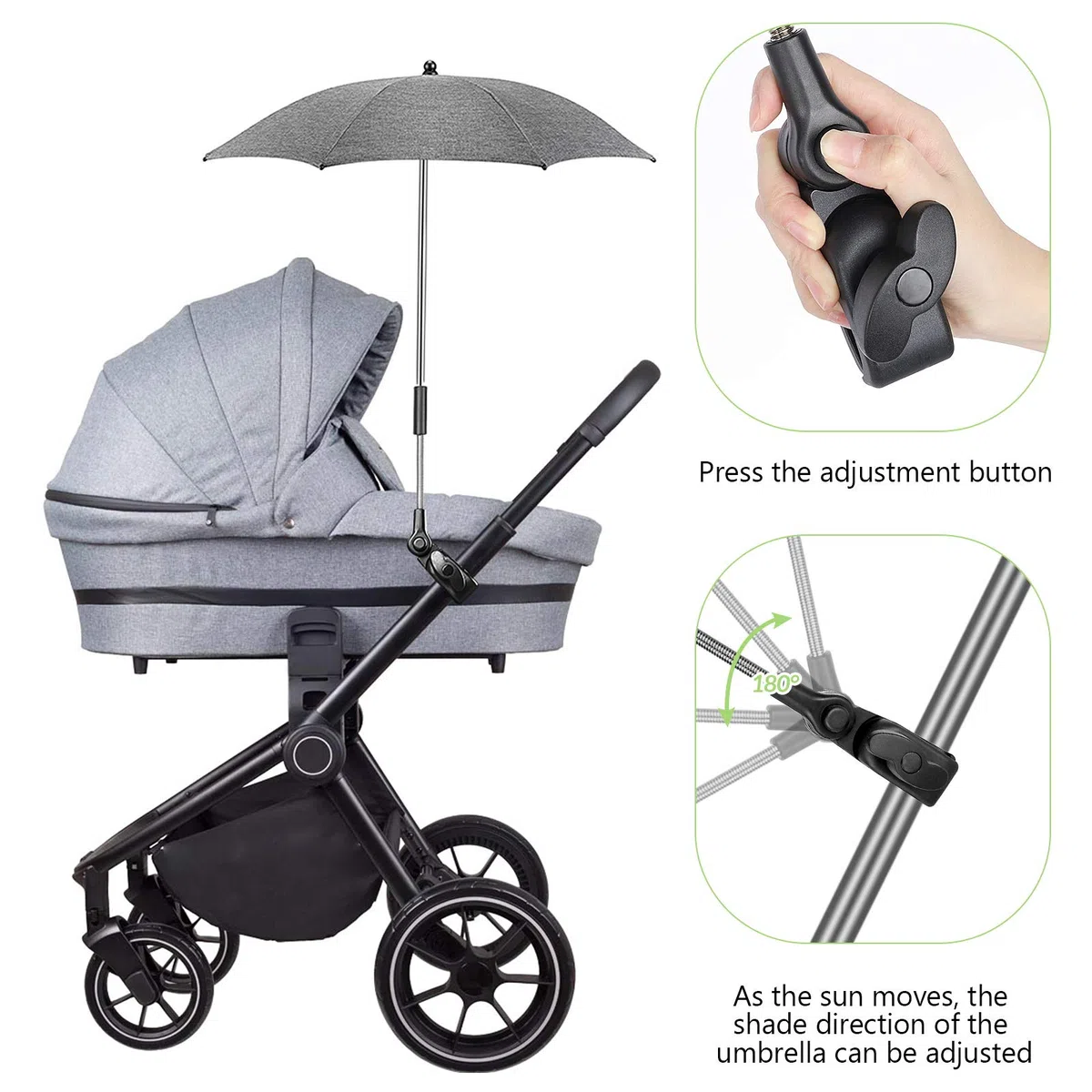 Ombrelle Universelle pour Poussette, Parasol Anti UV 50+ pour Landau, Fixation pour Tube Rond ou Oval, Ombrelle Poussette avec Clip pour Fauteuil Roulant Poussette
