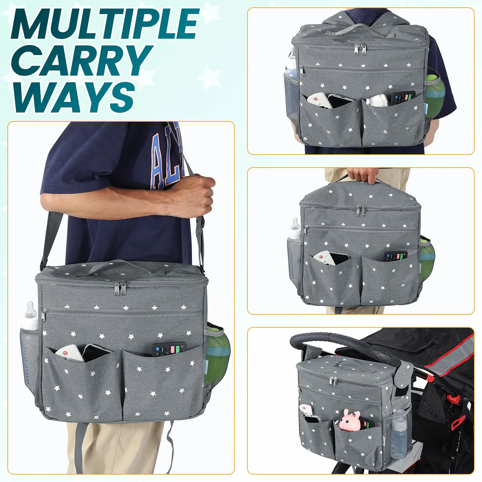 Orzbow Grande Sac a Langer Poussette,Étanche 22L Organisateur Poussette avec 2 Porte-gobelets,Multifonctionnel Sac Landau avec Séparateur Amovible,Doublure et Porte-bouteille Isolante (Gris)