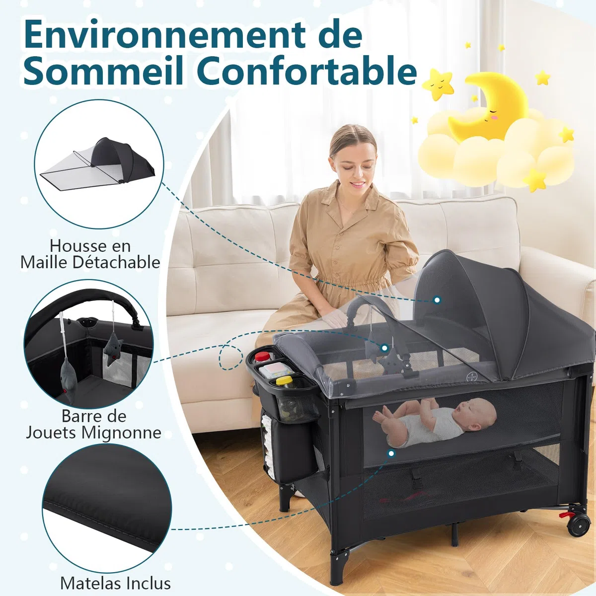 COSTWAY 5 en 1 Lit Parapluie Bébé avec Matelas Moustiquaire Table à Langer, Lit de Voyage Hauteurs Réglables, Charge Max 15kg 0-3 Ans