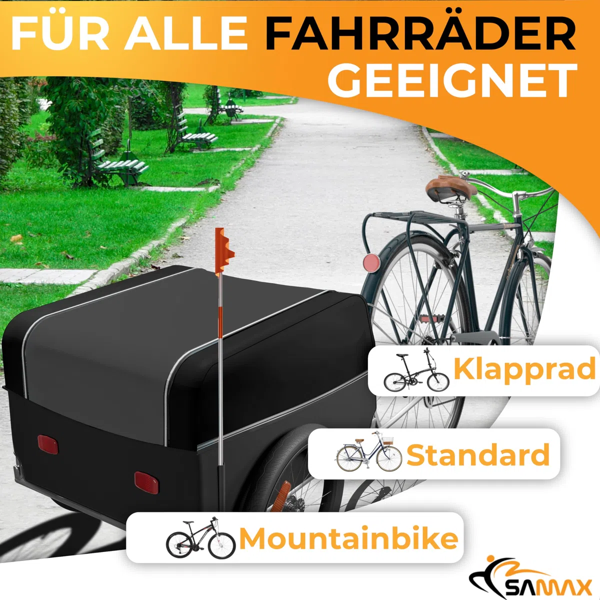 SAMAX Remorque de Vélo Chariot de Transport Haute Traction 40 Kg 120 L Noir Gris