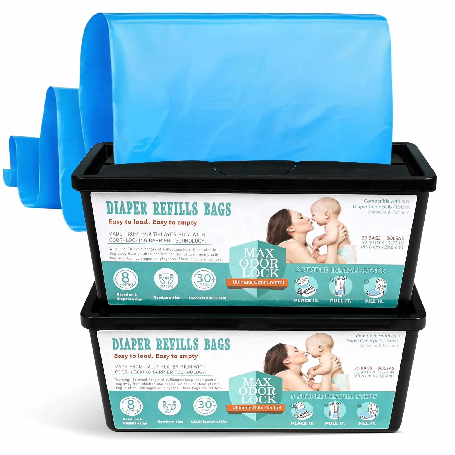 FLYISH DIRECT Recharge Poubelle à Couches Anti Odeur 2 Boîtes 60 Sac Compatible Diaper Genie Signature Platinum