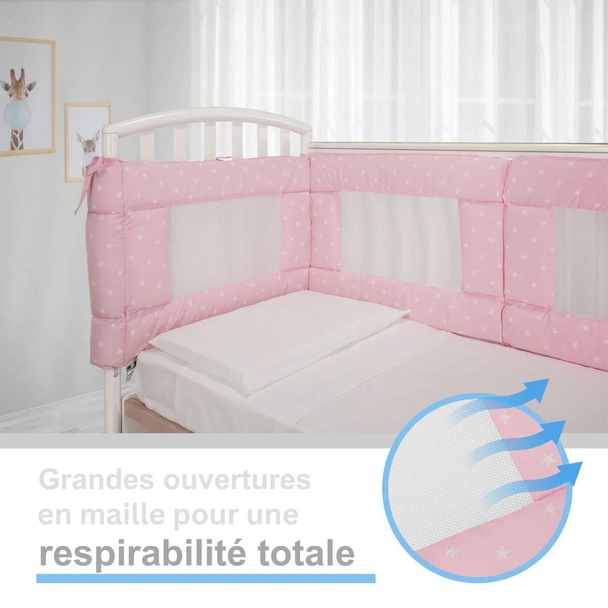 Babysanity - Tour de Lit Bébé équipée du Système Baby Air Mesh - Le Tour de Lit Respirant Souple et Solide Assure à l'enfant Un Environnement Sûr pour Dormir (Etoiles Roses)