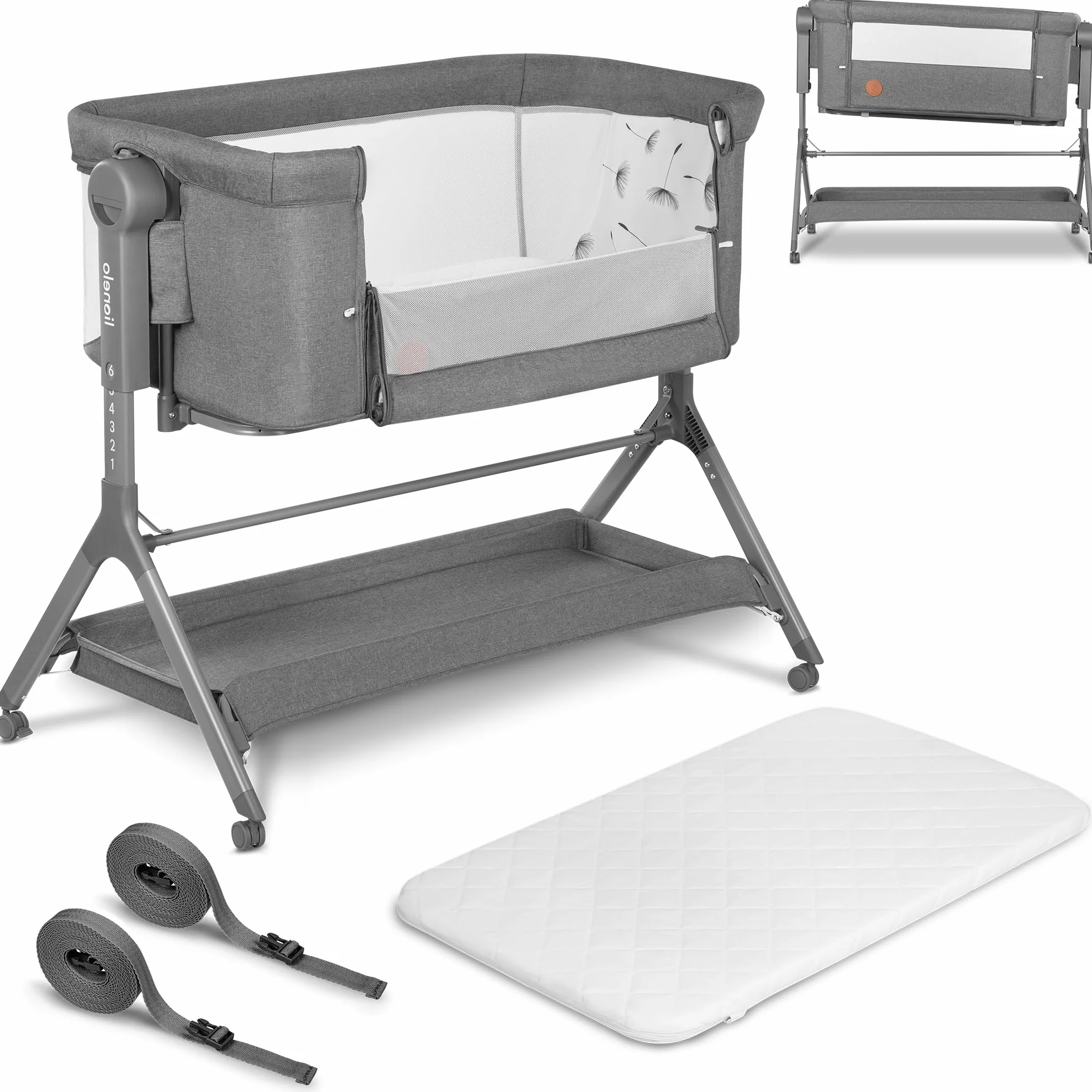 lionelo Leonie Plus Lit Bébé 3 en 1 Jusqu’à 9kg, Cododo et Berceau, Hauteur Réglable, Parois Aérées, Côté Amovible, Grand Panier