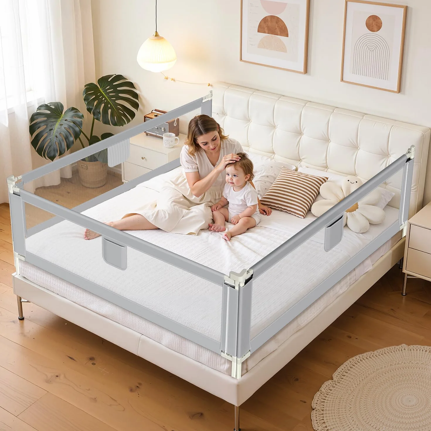 1x180CM+2x200CM Barrière de lit pour bébé, Barrière de lit Enfant Protection Contre Les Chutes, Réglable en Hauteur, Barrière de lit avec Filet aéré, Facile à Monter, Gris