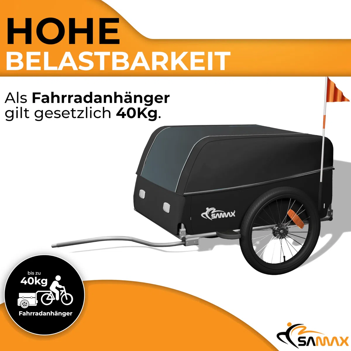 SAMAX Remorque de Vélo Chariot de Transport Haute Traction 40 Kg 120 L Noir Gris