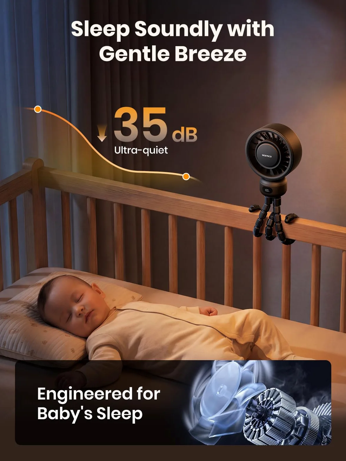 Warmco Ventilateur portable pour poussette, ventilateur à clipser rechargeable 4000mAh avec trépied flexible (jusqu'à 15H), 4 vitesses, affichage LED, grille détachable, fonctionnement silencieux