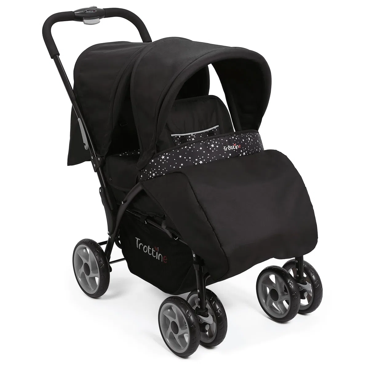 TWINBI Poussette Double Pour Jumeaux, Enfants Rapprochés, Maniable et Facilement Pliable, 2 Dossiers Inclinables Dont 1 à Plat, 2 Tabliers, Grand Panier, Habillage Pluie Intégral – NoirEtoile