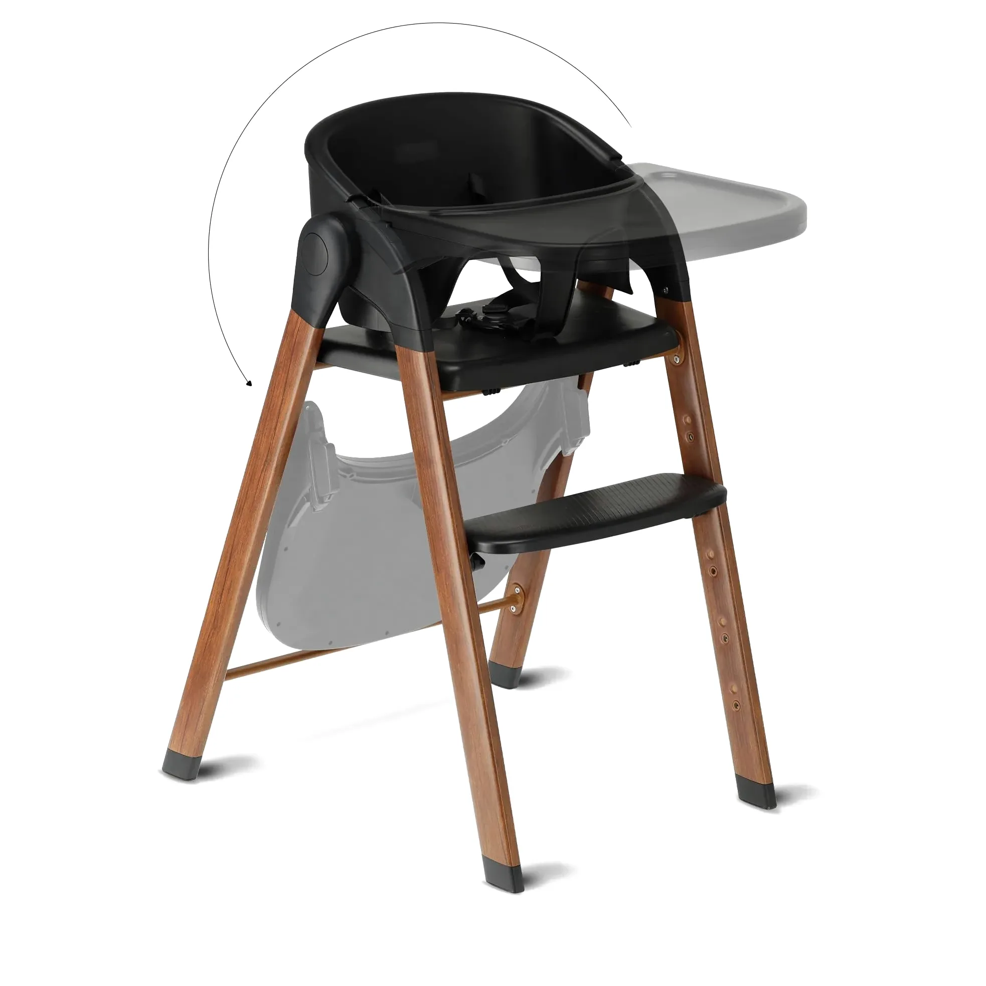 Deryan Chaise Haute évolutive 4en1, Pour Bébé Ergonomique, Confortable, Inclinable, Pliable, Avec Hauteur Réglable, Repose-Pieds, Plateau Amovible, 6 mois à 3 ans (110 kg) - Bois/Noir