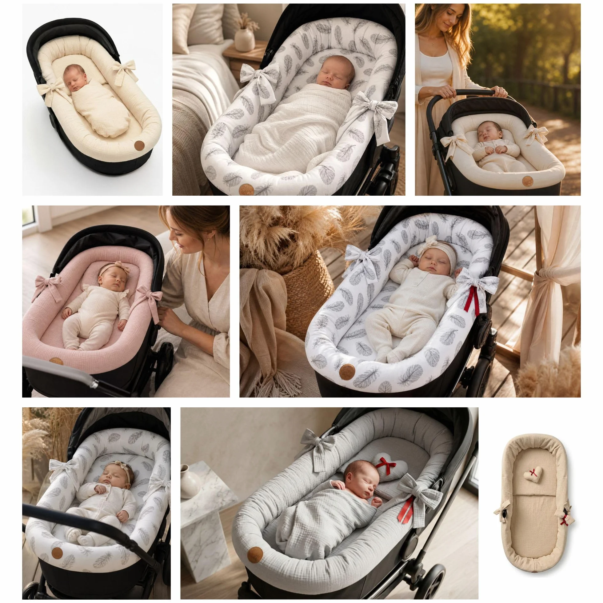 Housse de Nacelle Universelle en Mousseline de Coton – Habillage Respirant qui Habille et Protège la Poussette – Set 3 Pièces avec Coussin et Matelas pour Nouveau-né Plumes